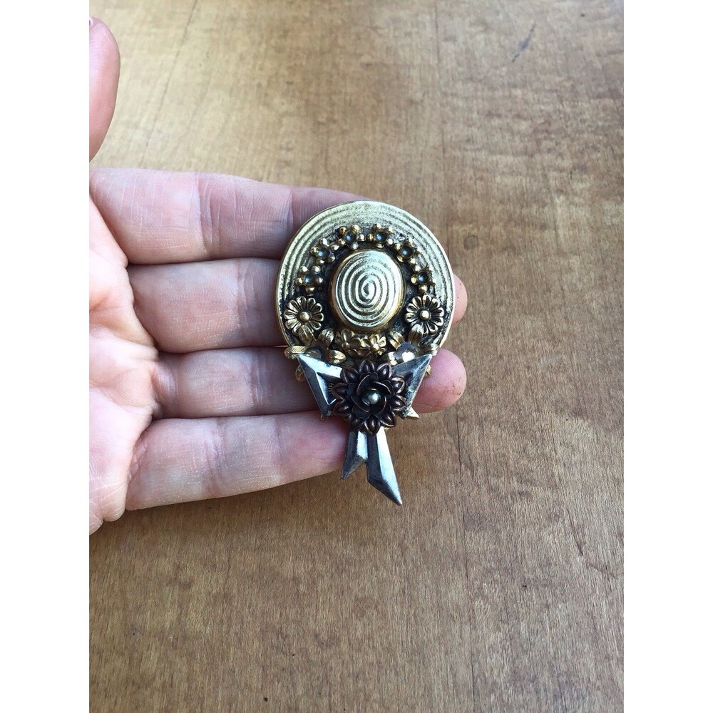 Floral Hat Brooch Pin with Faux Pearls and Rhinestones Mixed Metal Tones